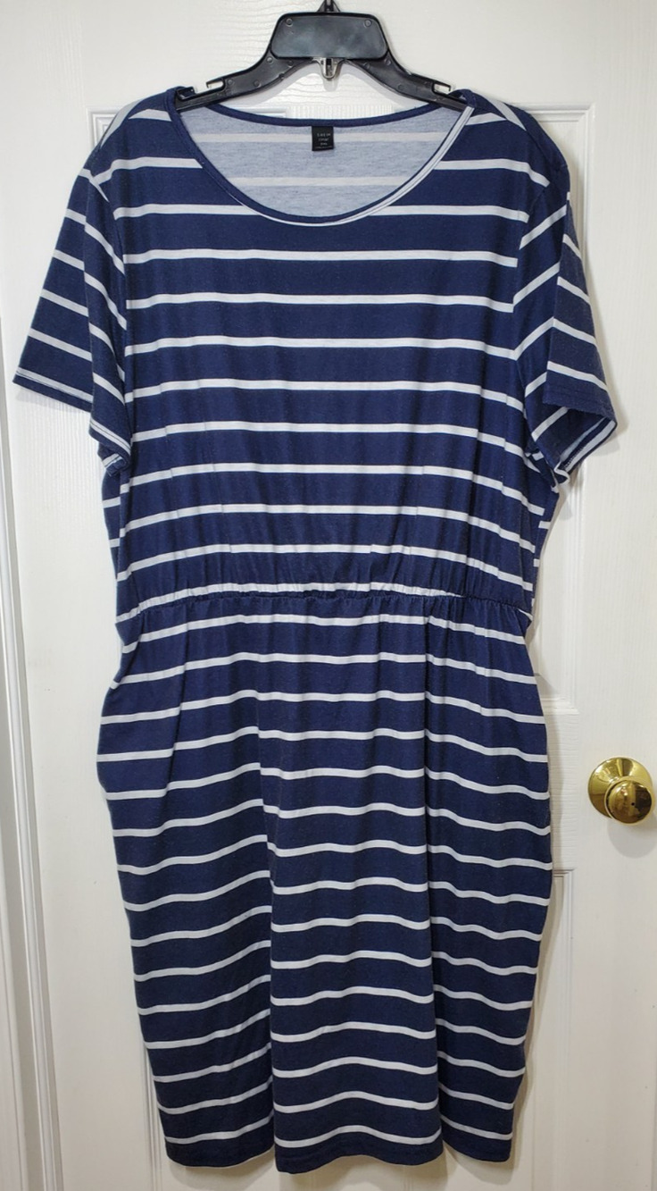 SHEIN Curve Womens 2XL Blue White Striped Dress Elastic Waist Midi Plus Size